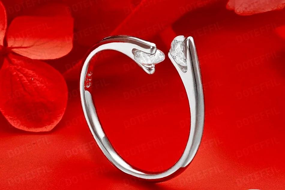Anillo DOTEFFIL de plata de ley 925 con doble cristal para mujer, accesorio de joyería de boda brillante.