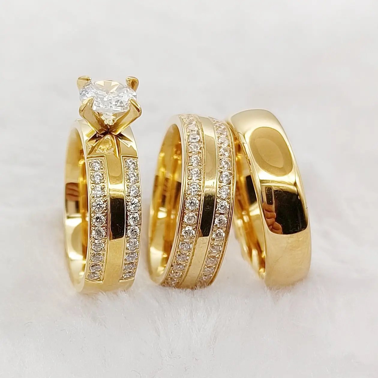 Juego de 3 anillos de compromiso de boda de alta calidad para parejas, con diamantes de circonita cúbica chapados en oro de 18 quilates, joyería de moda, anillo para enamorados.