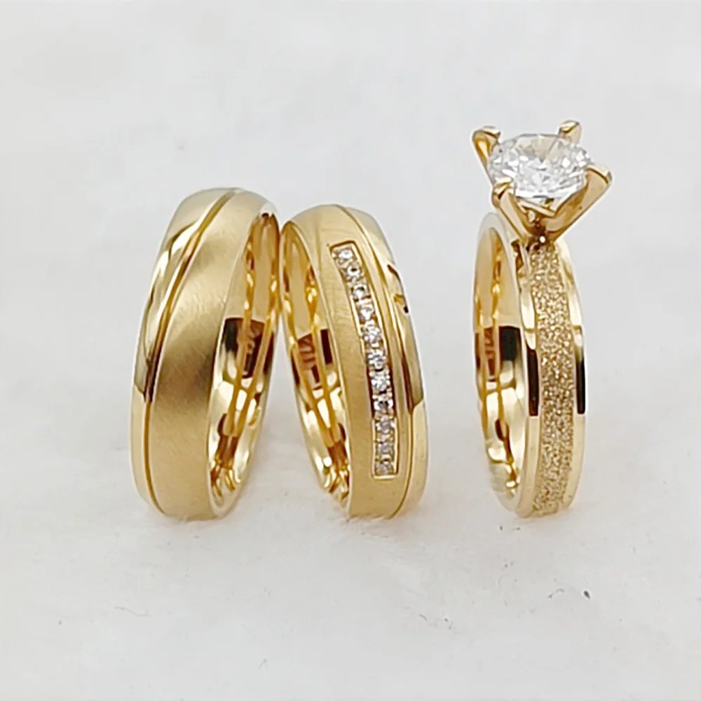 Anillos de amor de 3 piezas para compromiso, boda, novia, pareja, romance, prometido/a, joyería de titanio chapada en oro de 24 k.