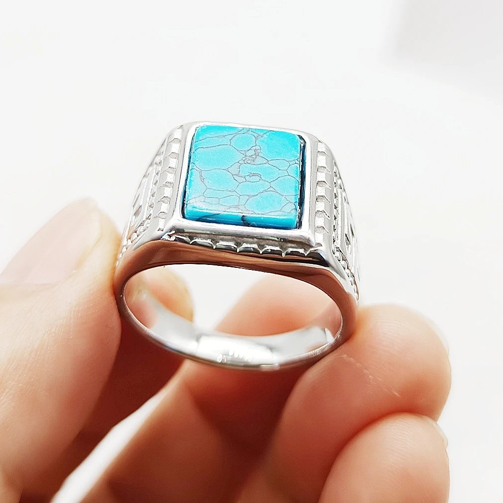 Anillo de boda vintage de ópalo azul de gran calidad para hombre, ideal como regalo de San Valentín o fiesta.