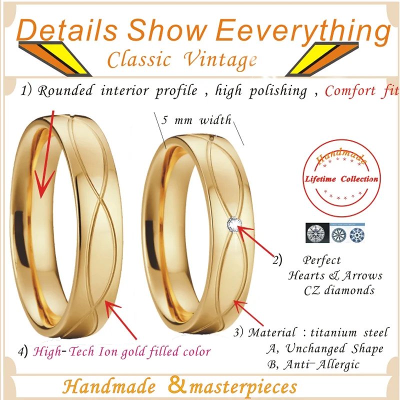 Vintage wedding rings for men and women Lovers Alliance 1 pair 18k gold plated jewelry Eternal Bridal finger promise couple ring
