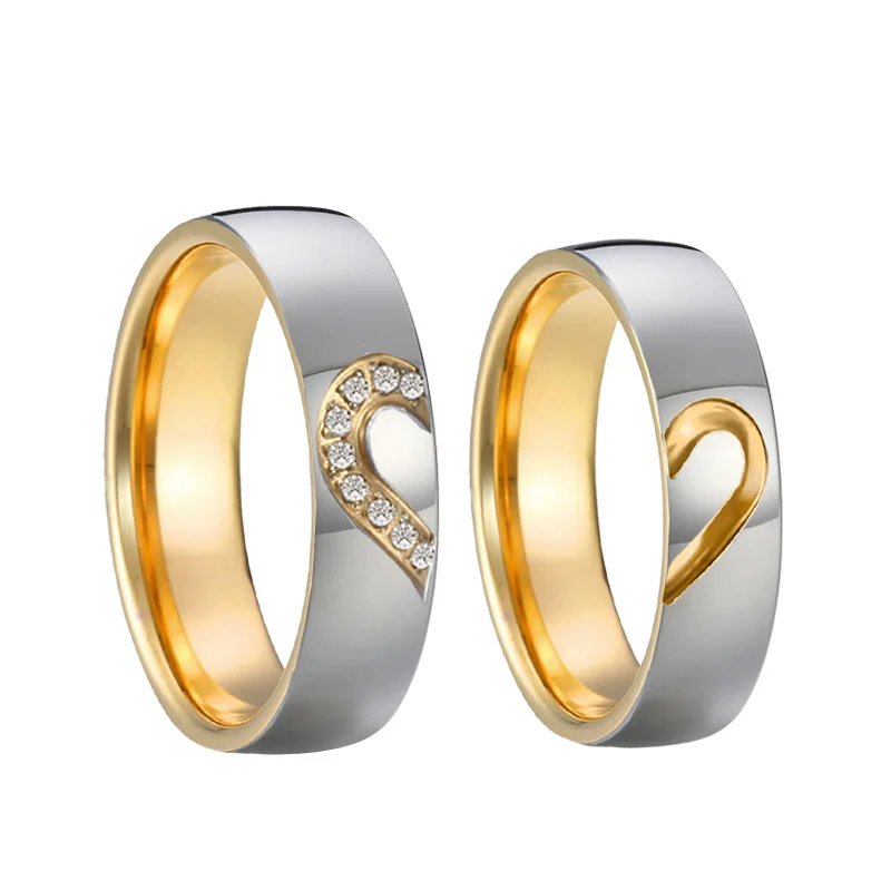 1 par de anillos de boda con forma de corazón chapados en oro de 18 quilates y circonita cúbica para hombre y mujer, ideal para propuesta de matrimonio o aniversario.