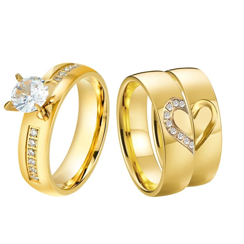 Love Bands Heart CZ diamond Wedding Band Couple Engagement Rings 3pcs Sets for Men And Women Alliance 24k gold plated jewelry