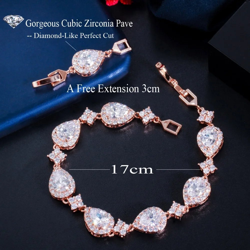CWWZircons - Pulsera de tenis con circonita cúbica en forma de gota de agua grande y brillante, color oro rosa, para mujer, joyería moderna para fiestas y bodas CB238