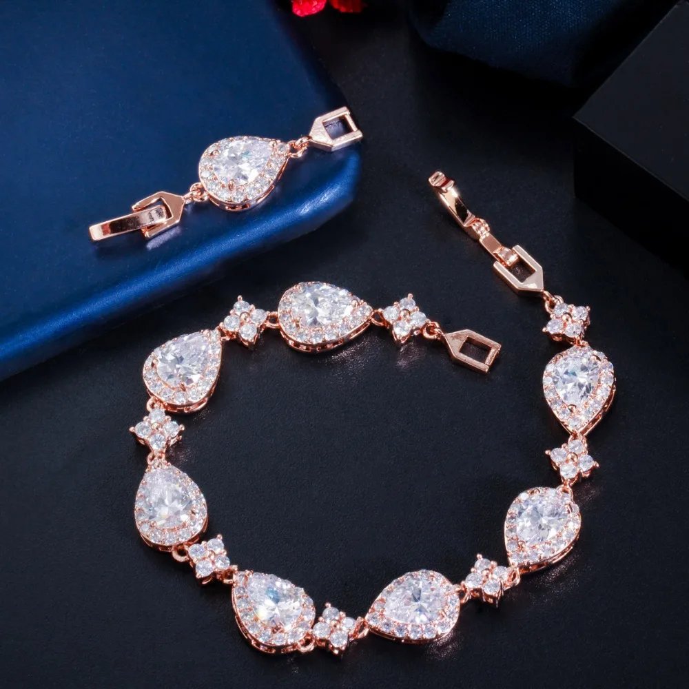 CWWZircons - Pulsera de tenis con circonita cúbica en forma de gota de agua grande y brillante, color oro rosa, para mujer, joyería moderna para fiestas y bodas CB238