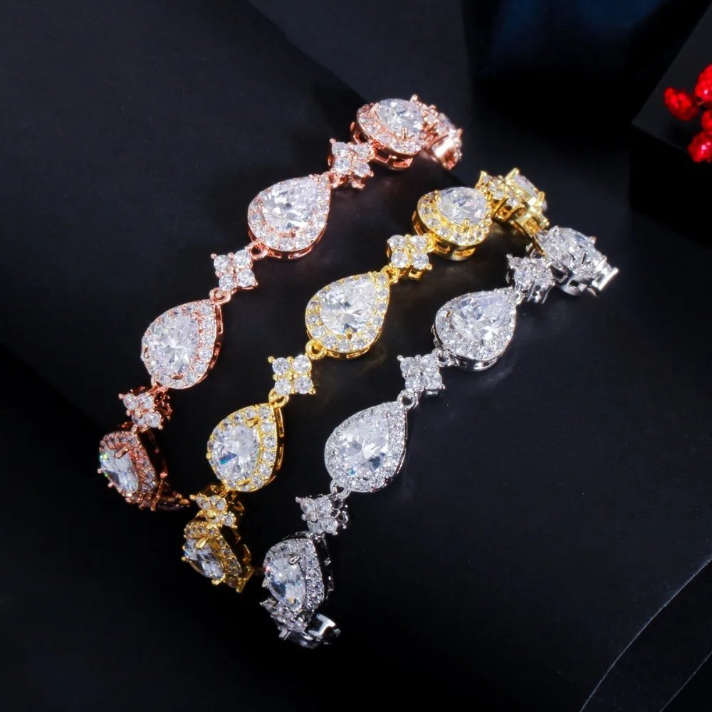CWWZircons - Pulsera de tenis con circonita cúbica en forma de gota de agua grande y brillante, color oro rosa, para mujer, joyería moderna para fiestas y bodas CB238