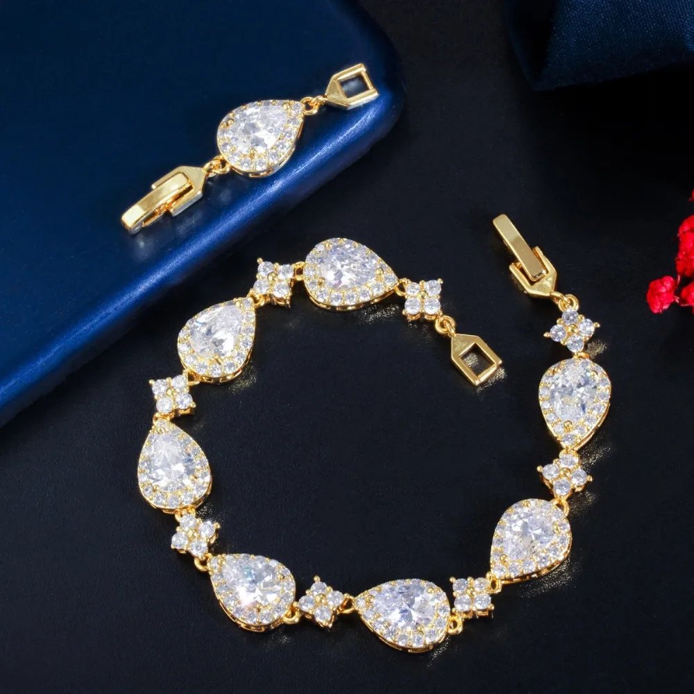 CWWZircons - Pulsera de tenis con circonita cúbica en forma de gota de agua grande y brillante, color oro rosa, para mujer, joyería moderna para fiestas y bodas CB238