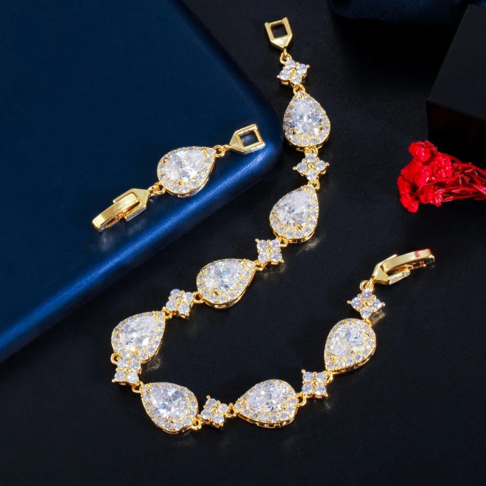 CWWZircons - Pulsera de tenis con circonita cúbica en forma de gota de agua grande y brillante, color oro rosa, para mujer, joyería moderna para fiestas y bodas CB238