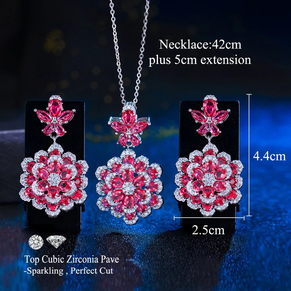 CWWZircons - Conjunto de collar y pendientes con flores grandes de cristal CZ rojo rosa para mujer, joyería elegante para fiestas de baile, T0196 CWWZircons - Conjunto de collar y pendientes con flores grandes de cristal CZ rojo rosa para mujer, joyería elegante para fiestas de baile, T0196