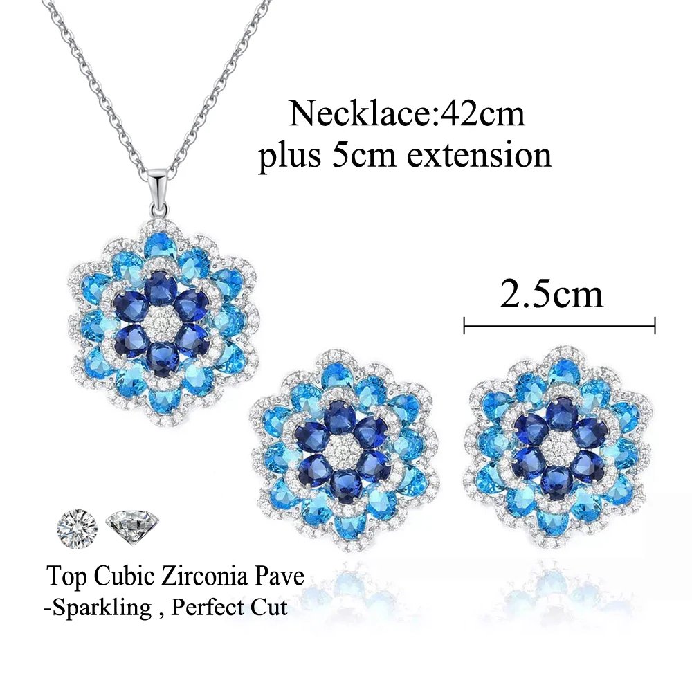 CWWZircons - Pendientes y collar con colgante de flor de circonita cúbica azul de lujo Art Deco para mujer, conjuntos de joyería de fiesta T764 CWWZircons - Pendientes y collar con colgante de flor de circonita cúbica azul de lujo Art Deco para mujer, conjuntos de joyería de fiesta T764