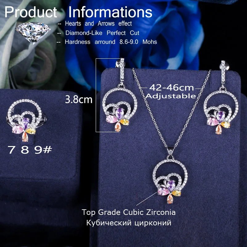 CWWZircons - Juego de 3 pendientes, collar y anillo con forma de flor para mujer, elegantes accesorios de joyería de circonita cúbica T337