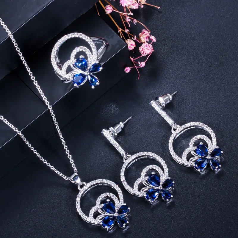 CWWZircons - Juego de 3 pendientes, collar y anillo con forma de flor para mujer, elegantes accesorios de joyería de circonita cúbica T337