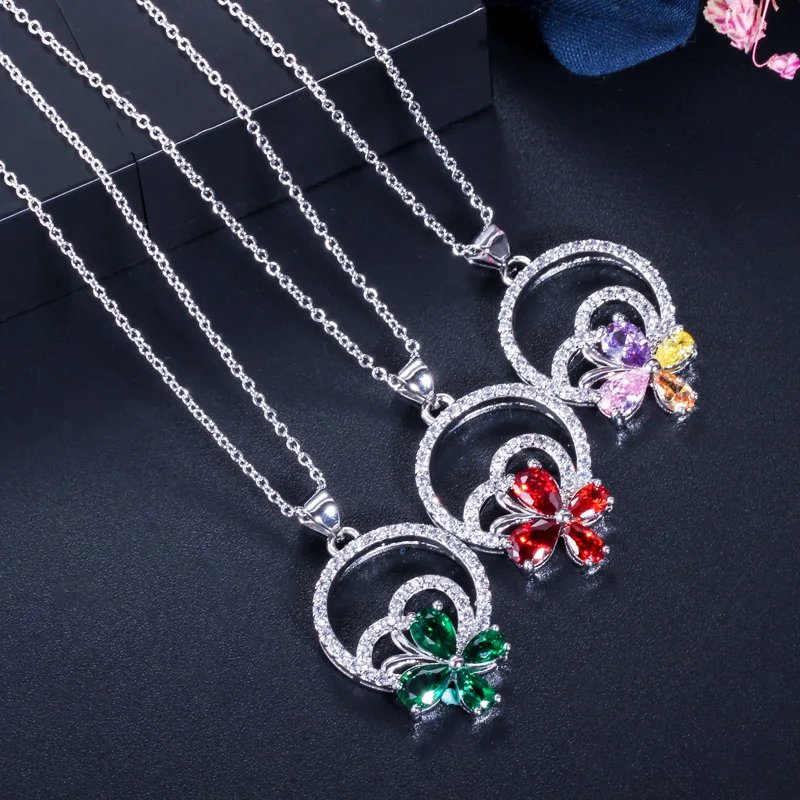 CWWZircons - Juego de 3 pendientes, collar y anillo con forma de flor para mujer, elegantes accesorios de joyería de circonita cúbica T337