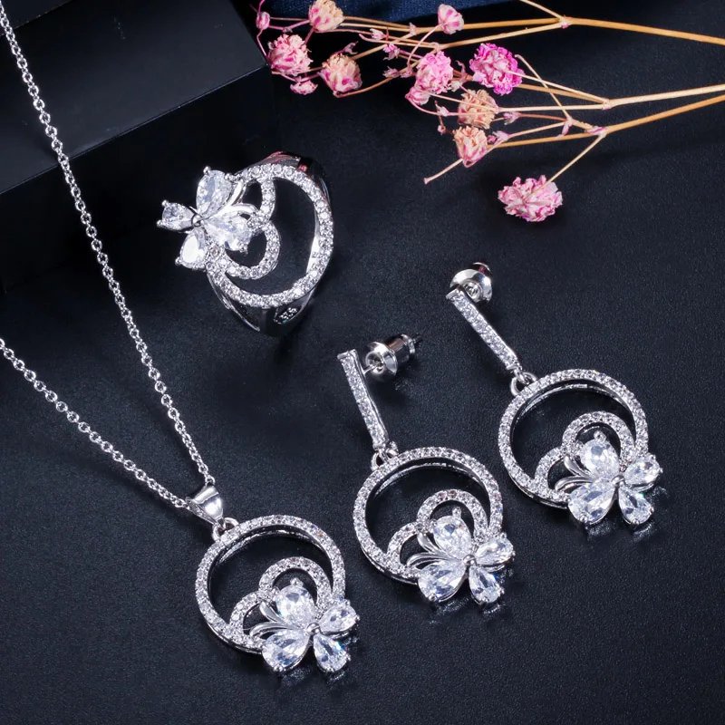 CWWZircons - Juego de 3 pendientes, collar y anillo con forma de flor para mujer, elegantes accesorios de joyería de circonita cúbica T337