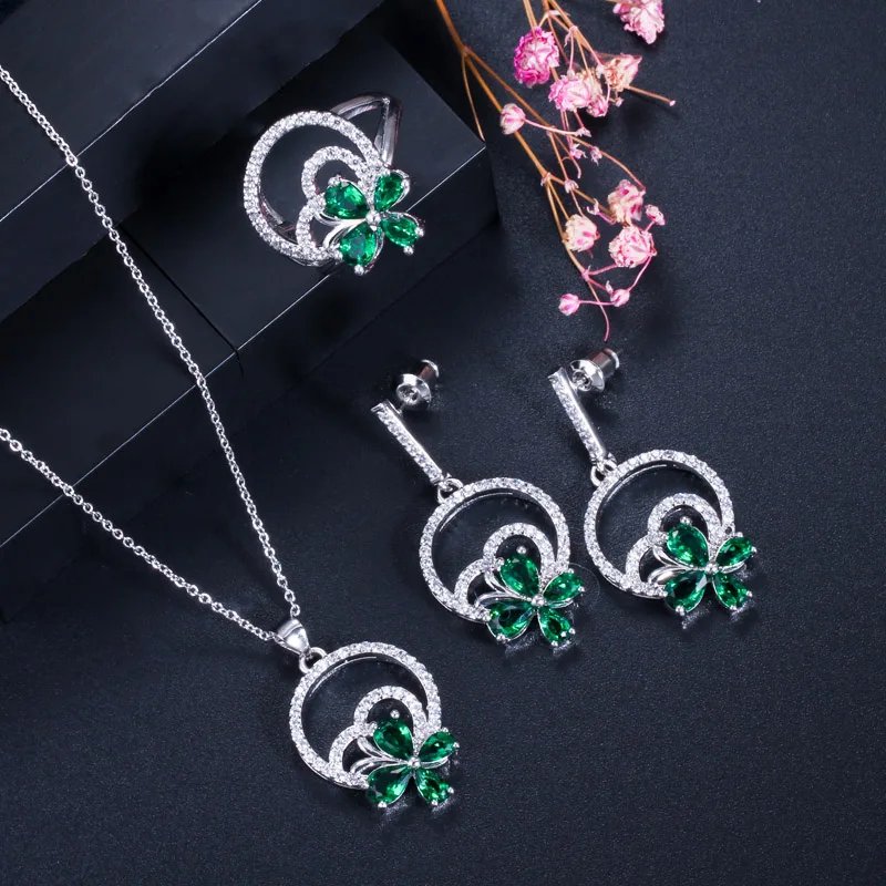 CWWZircons - Juego de 3 pendientes, collar y anillo con forma de flor para mujer, elegantes accesorios de joyería de circonita cúbica T337