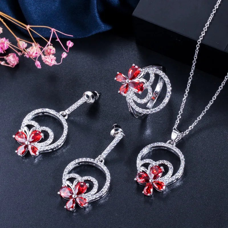 CWWZircons - Juego de 3 pendientes, collar y anillo con forma de flor para mujer, elegantes accesorios de joyería de circonita cúbica T337