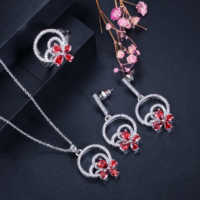 CWWZircons - Juego de 3 pendientes, collar y anillo con forma de flor para mujer, elegantes accesorios de joyería de circonita cúbica T337