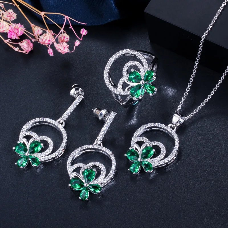CWWZircons - Juego de 3 pendientes, collar y anillo con forma de flor para mujer, elegantes accesorios de joyería de circonita cúbica T337