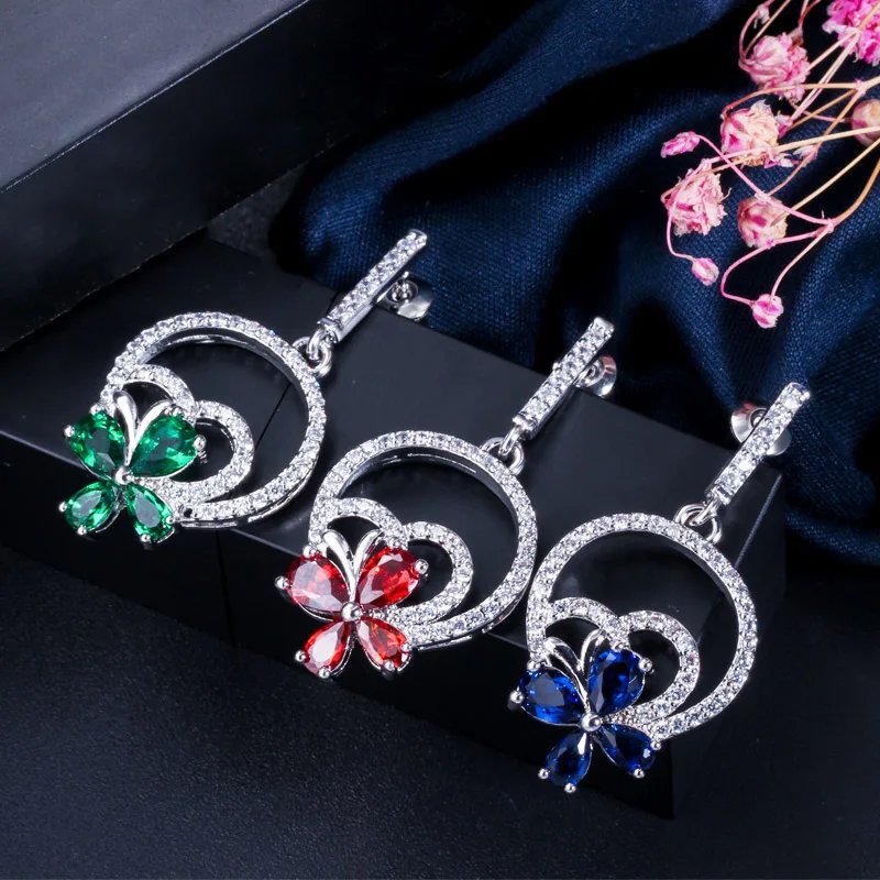 CWWZircons - Juego de 3 pendientes, collar y anillo con forma de flor para mujer, elegantes accesorios de joyería de circonita cúbica T337