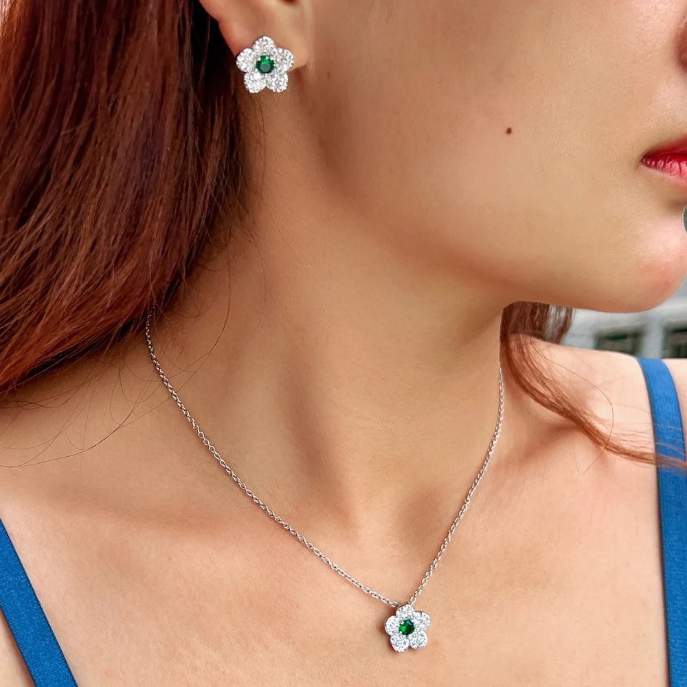 CWWZircons - Nueva joyería coreana de moda con circonitas cúbicas AAA y flores pavimentadas para mujer, conjuntos de joyas con circonitas azul oscuro T138