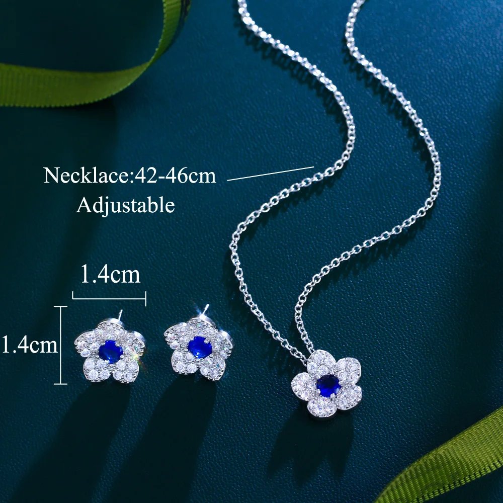 CWWZircons - Nueva joyería coreana de moda con circonitas cúbicas AAA y flores pavimentadas para mujer, conjuntos de joyas con circonitas azul oscuro T138