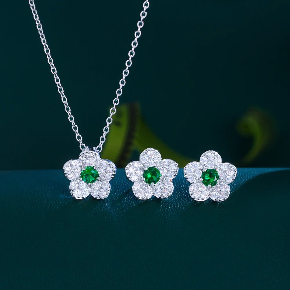 CWWZircons - Nueva joyería coreana de moda con circonitas cúbicas AAA y flores pavimentadas para mujer, conjuntos de joyas con circonitas azul oscuro T138