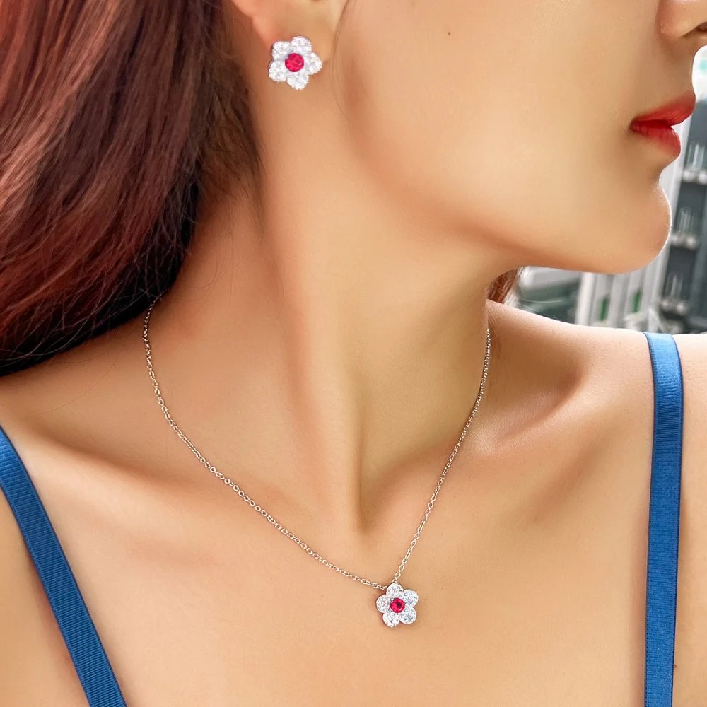 CWWZircons - Nueva joyería coreana de moda con circonitas cúbicas AAA y flores pavimentadas para mujer, conjuntos de joyas con circonitas azul oscuro T138