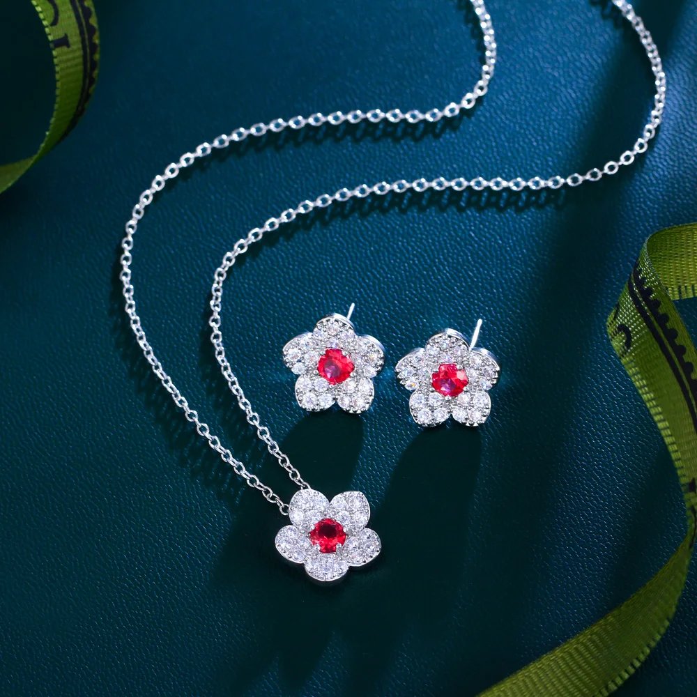 CWWZircons - Nueva joyería coreana de moda con circonitas cúbicas AAA y flores pavimentadas para mujer, conjuntos de joyas con circonitas azul oscuro T138