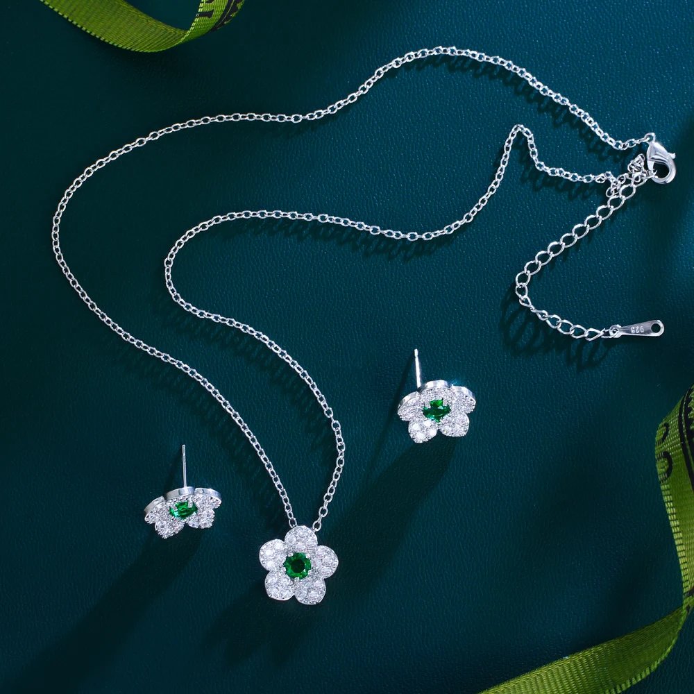 CWWZircons - Nueva joyería coreana de moda con circonitas cúbicas AAA y flores pavimentadas para mujer, conjuntos de joyas con circonitas azul oscuro T138