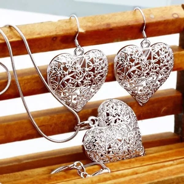 Dijes de boda, joyería de plata de ley 925, bonito colgante, collar y pendientes para mujer, conjunto de fiesta, calidad superior, estampados