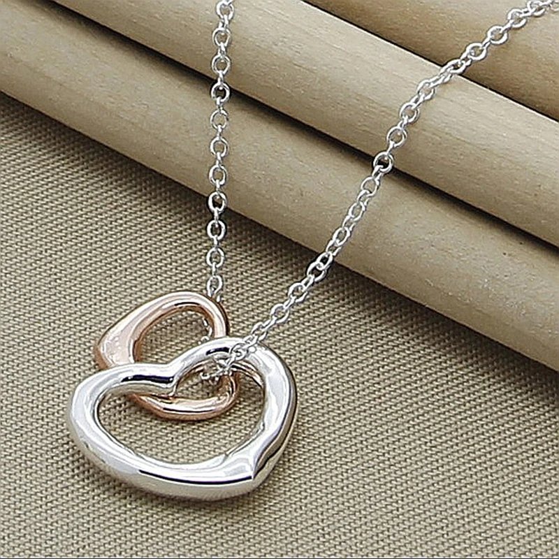 DOTEFFIL - Collar con colgante de corazón doble en oro rosa de 18 pulgadas y plata de ley 925 para mujer, joyería de moda para bodas y compromisos.