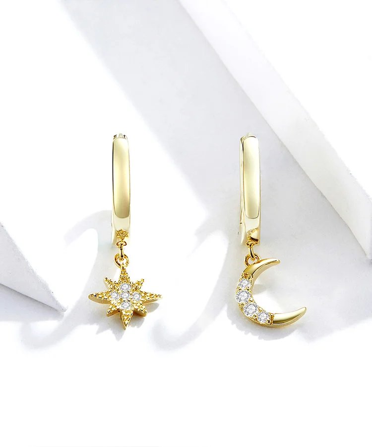 Pendientes colgantes Bamoer de luna y estrella en plata de ley 925 auténtica con dije, chapados en oro. Pendientes Huggies de nueva tendencia. Pendientes colgantes Bamoer de luna y estrella en plata de ley 925 auténtica con dije, chapados en oro. Pendientes Huggies de nueva tendencia.