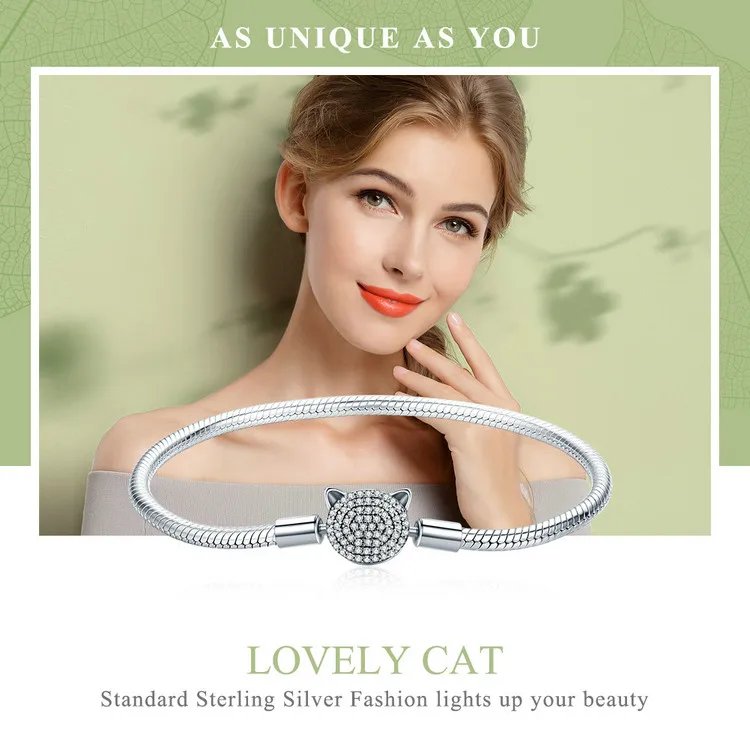 Pulsera Bamoer 100% plata de ley 925 con dijes de corazón brillante y amor eterno para mujer, con cierre de gato, cadena de serpiente, joyería fina