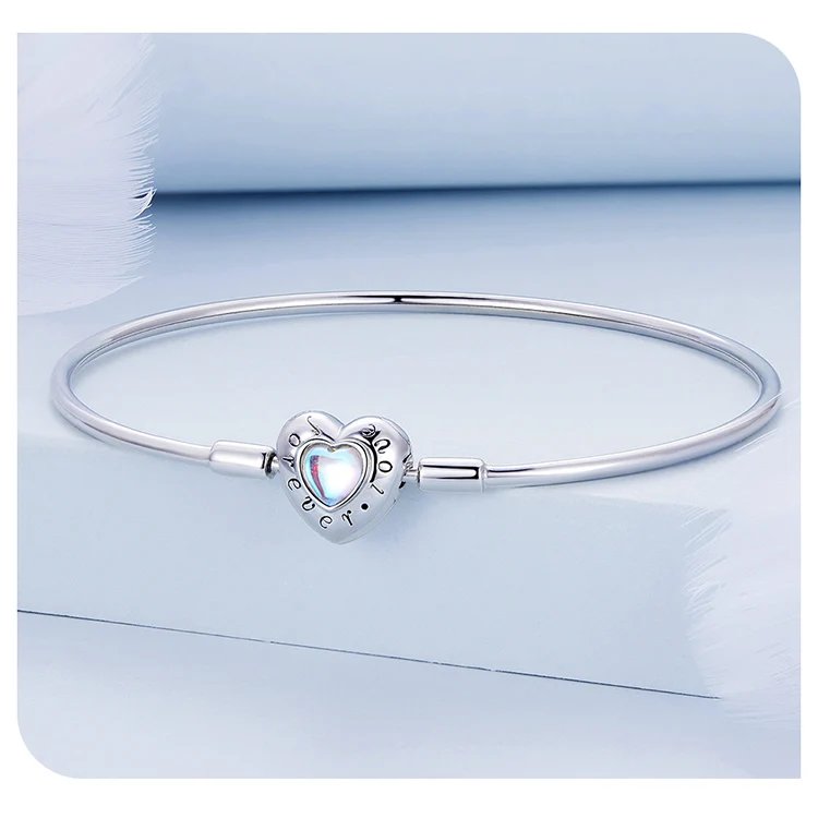 Pulsera Bamoer 100% plata de ley 925 con dijes de corazón brillante y amor eterno para mujer, con cierre de gato, cadena de serpiente, joyería fina