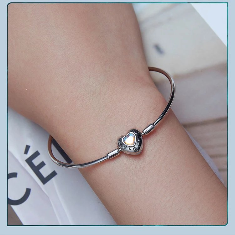Pulsera Bamoer 100% plata de ley 925 con dijes de corazón brillante y amor eterno para mujer, con cierre de gato, cadena de serpiente, joyería fina