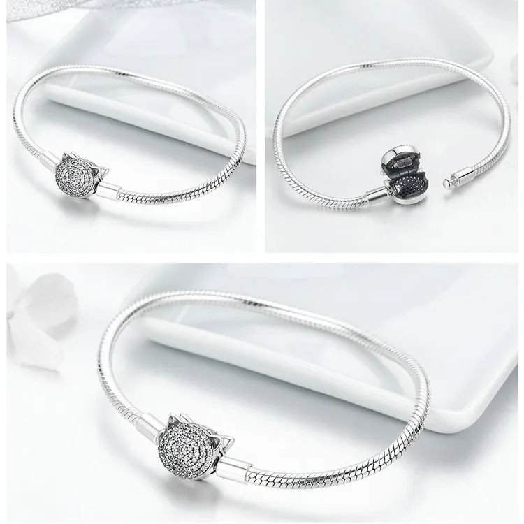 Pulsera Bamoer 100% plata de ley 925 con dijes de corazón brillante y amor eterno para mujer, con cierre de gato, cadena de serpiente, joyería fina