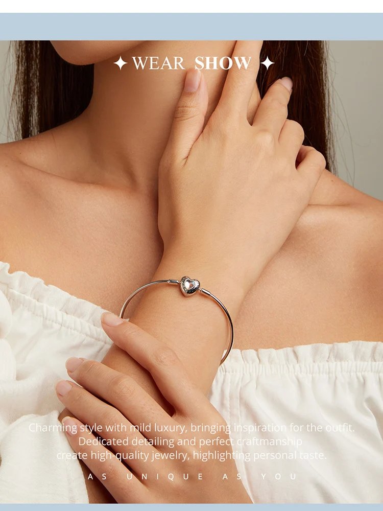 Pulsera Bamoer 100% plata de ley 925 con dijes de corazón brillante y amor eterno para mujer, con cierre de gato, cadena de serpiente, joyería fina