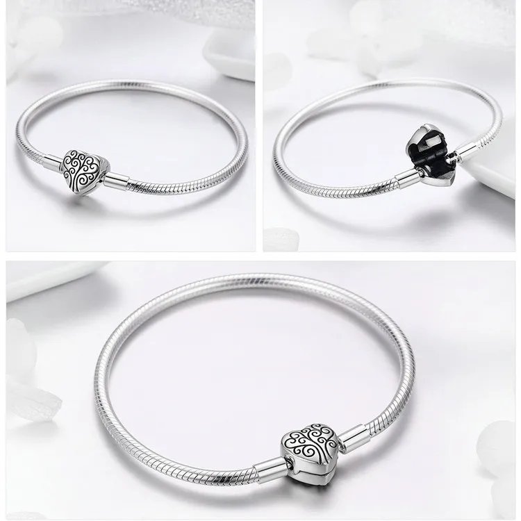 Pulsera Bamoer 100% plata de ley 925 con dijes de corazón brillante y amor eterno para mujer, con cierre de gato, cadena de serpiente, joyería fina
