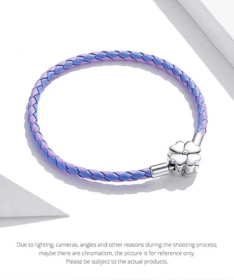 BAMOER Pulsera de la suerte de trébol de cuatro hojas de plata de ley 925, pulsera de cuero auténtico de tres colores para mujer, joyería fina DIY
