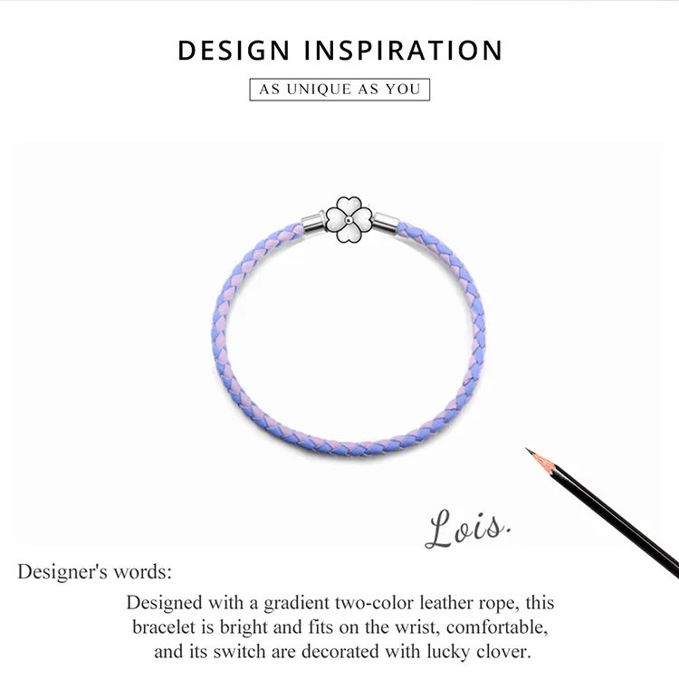 BAMOER Pulsera de la suerte de trébol de cuatro hojas de plata de ley 925, pulsera de cuero auténtico de tres colores para mujer, joyería fina DIY