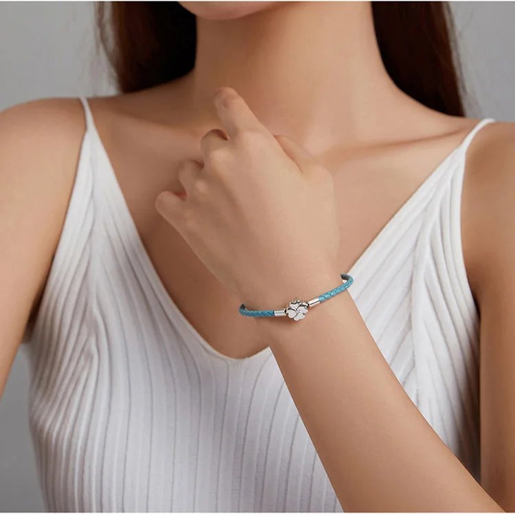 BAMOER Pulsera de la suerte de trébol de cuatro hojas de plata de ley 925, pulsera de cuero auténtico de tres colores para mujer, joyería fina DIY