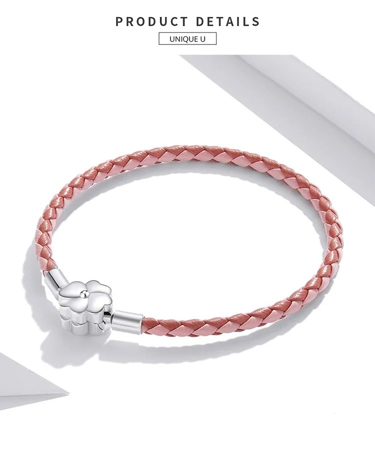 BAMOER Pulsera de la suerte de trébol de cuatro hojas de plata de ley 925, pulsera de cuero auténtico de tres colores para mujer, joyería fina DIY