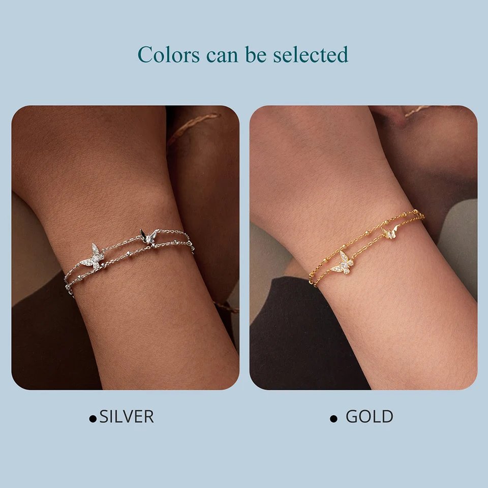 Pulsera BAMOER de mariposa de doble capa, plata de ley 925, ajustable, con cuentas de circonita cúbica en capas, regalo de fiesta delicado para mujer.