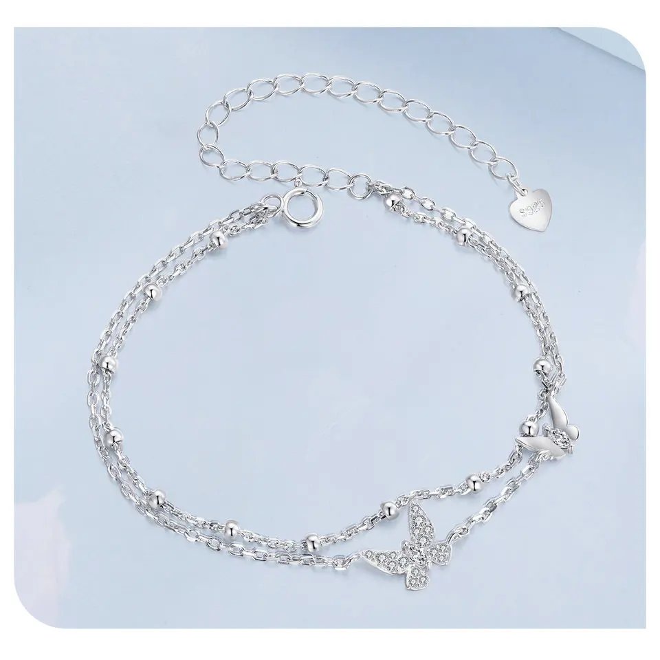 Pulsera BAMOER de mariposa de doble capa, plata de ley 925, ajustable, con cuentas de circonita cúbica en capas, regalo de fiesta delicado para mujer.