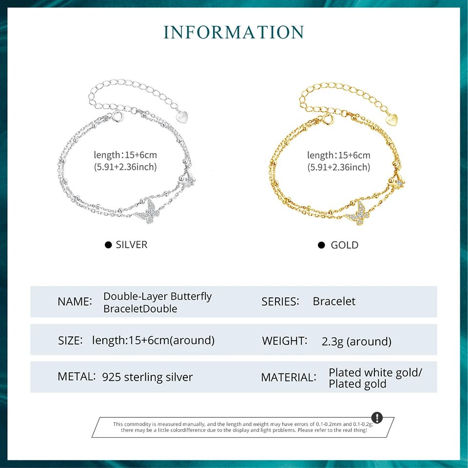 Pulsera BAMOER de mariposa de doble capa, plata de ley 925, ajustable, con cuentas de circonita cúbica en capas, regalo de fiesta delicado para mujer.