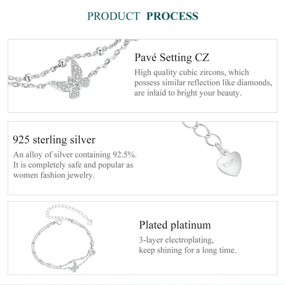 Pulsera BAMOER de mariposa de doble capa, plata de ley 925, ajustable, con cuentas de circonita cúbica en capas, regalo de fiesta delicado para mujer.