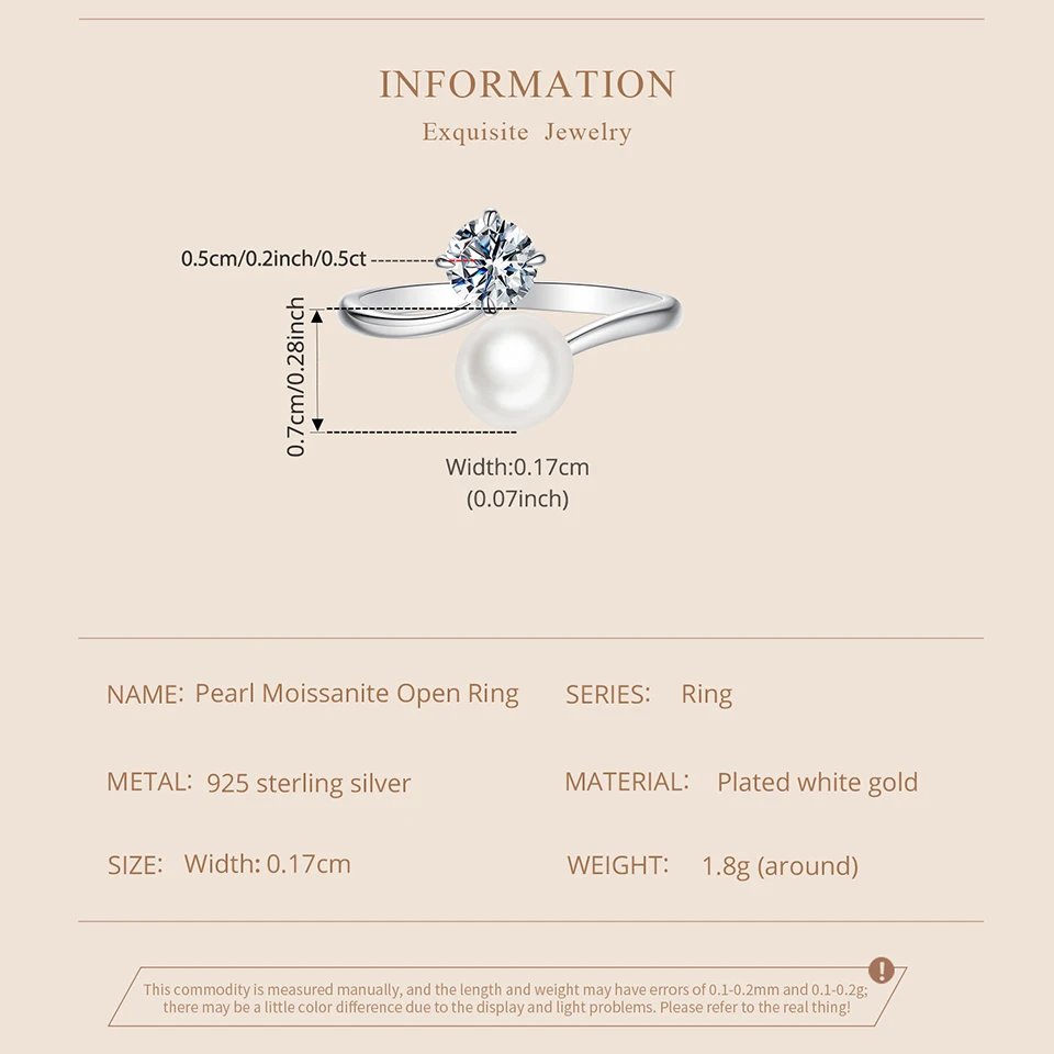 Anillo abierto BAMOER de moissanita con perla de agua dulce de 0,5 quilates para mujer, plata de ley 925, elegante regalo de aniversario natural.