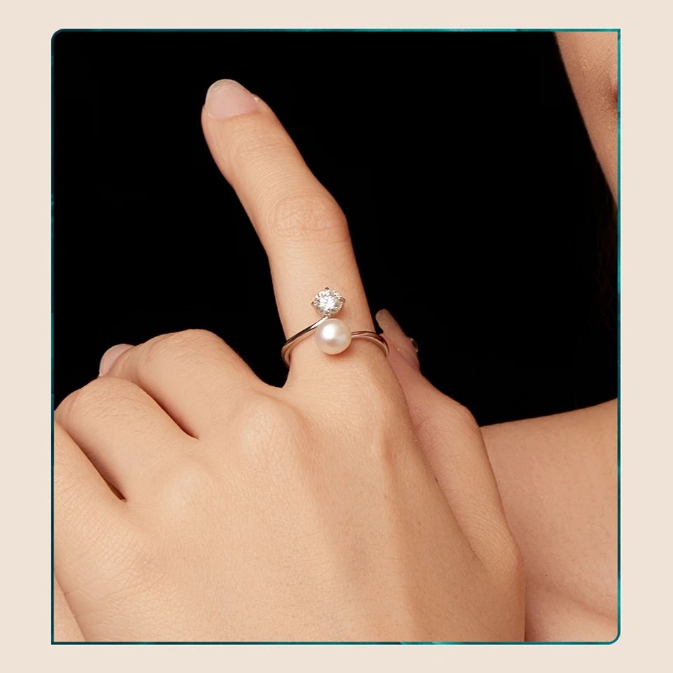 Anillo abierto BAMOER de moissanita con perla de agua dulce de 0,5 quilates para mujer, plata de ley 925, elegante regalo de aniversario natural.