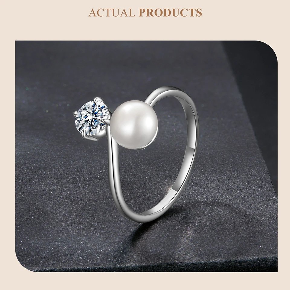 Anillo abierto BAMOER de moissanita con perla de agua dulce de 0,5 quilates para mujer, plata de ley 925, elegante regalo de aniversario natural.