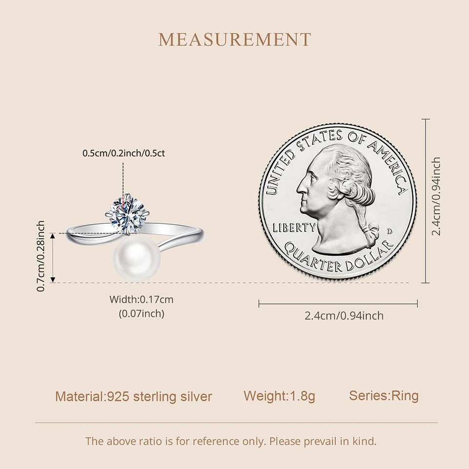 Anillo abierto BAMOER de moissanita con perla de agua dulce de 0,5 quilates para mujer, plata de ley 925, elegante regalo de aniversario natural.